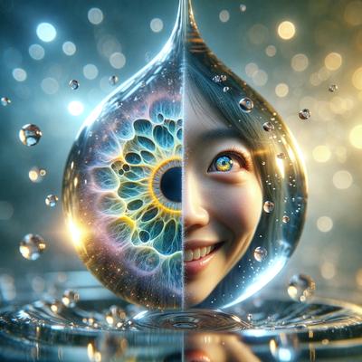 The primary subject of the image is a woman with a smiling face, surrounded by a bright and colorful environment. The setting includes a large glass ball, which appears to be a part of the woman's face. The visual style of the image is a combination of photo and digital art, creating a unique and vibrant scene. The colors and mood of the image are lively and cheerful, with the woman's smile and the bright colors of the glass ball contributing to the overall atmosphere.